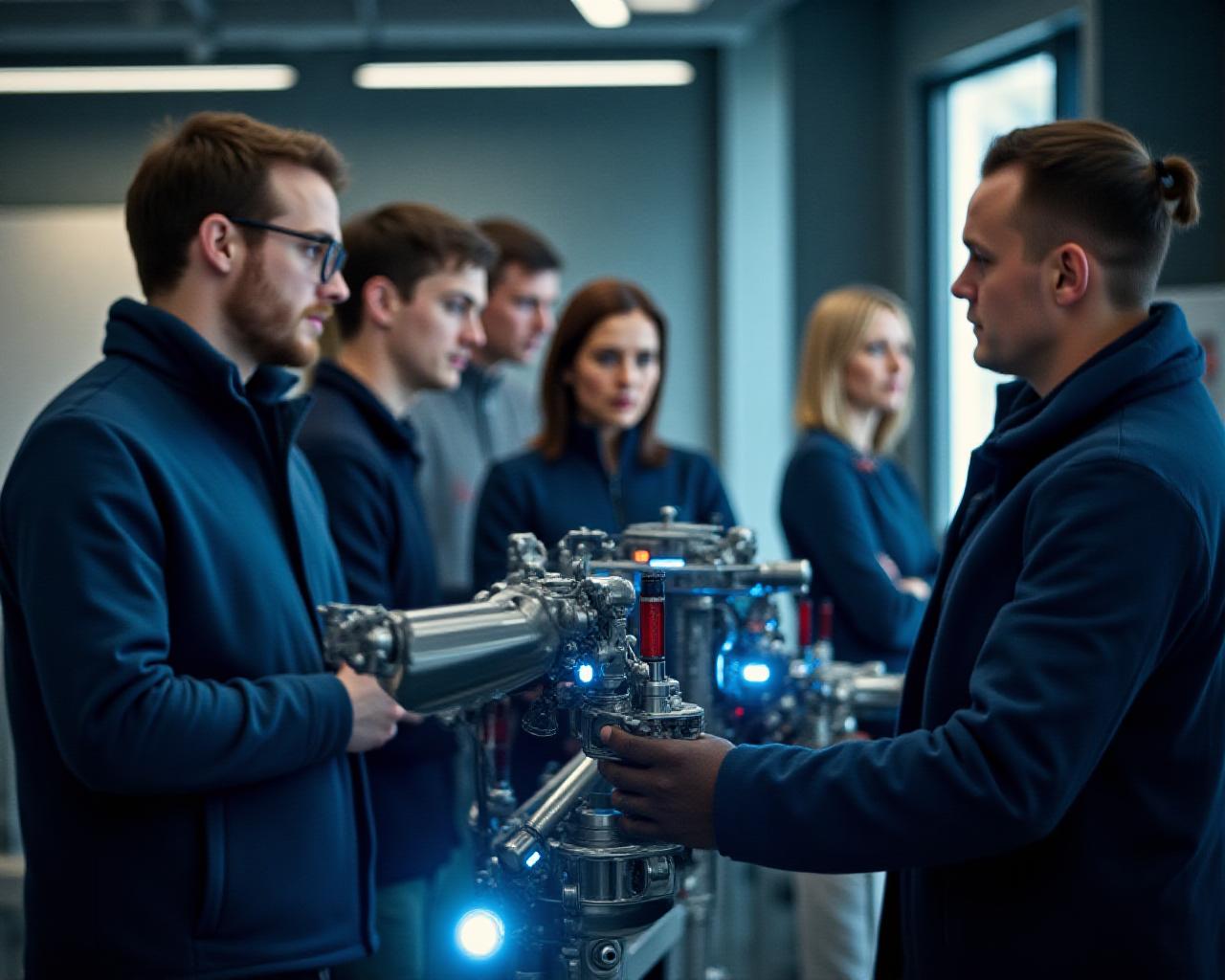 Team of engineers working with a high-precision robotic arm in an Oslo-based laboratory